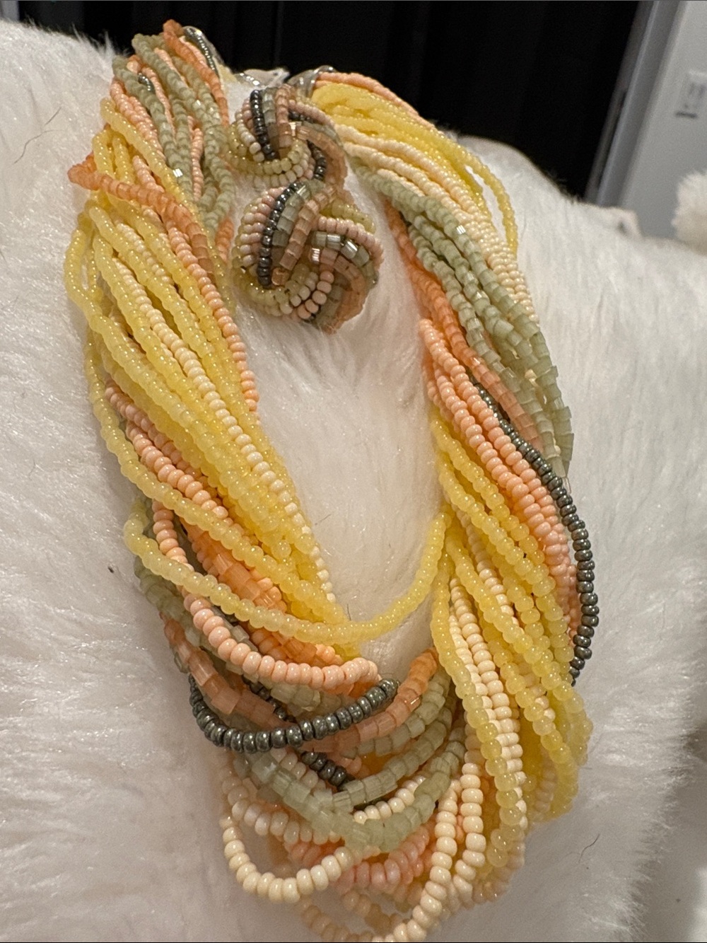 2 Piece HandBead Necklace in Yellows, Peach’s & Green,Iridescent Vintage